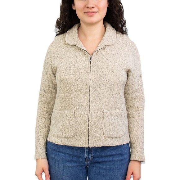 Vintage Jennifer Moore Boucle Wool Blend Zip Up Sweater Jacket Small Beige - Picture 1 of 10
